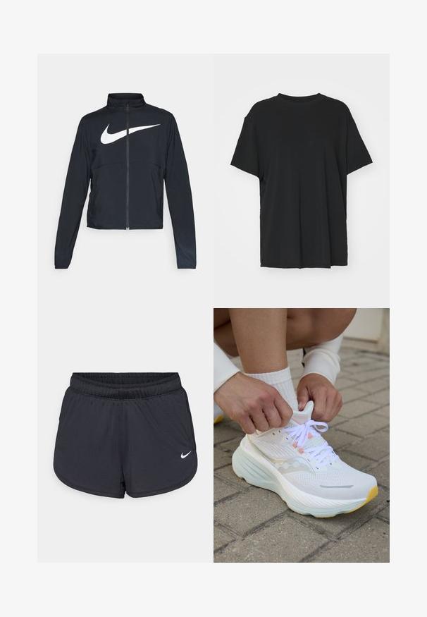 Črna športna jakna z polnim zadrgo, visokim ovratnikom, dolgimi rokavi in velikim belim logotipom Nike swoosh čez prsi.; Črna kratka majica s kratkimi rokavi, izdelana iz gladkega materiala, s kroјnim ovratnikom in prostim krojem. Ima stranske razpoke za dodatno udobje in zračnost.; Črne atletske kratke hlače z elastičnim pasom, športnega dizajna z belim Nike logotipom na spodnjem delu spredaj. Tkanina z teksturo.; Saucony HURRICANE 24 - Tekaški copati za cesto - white