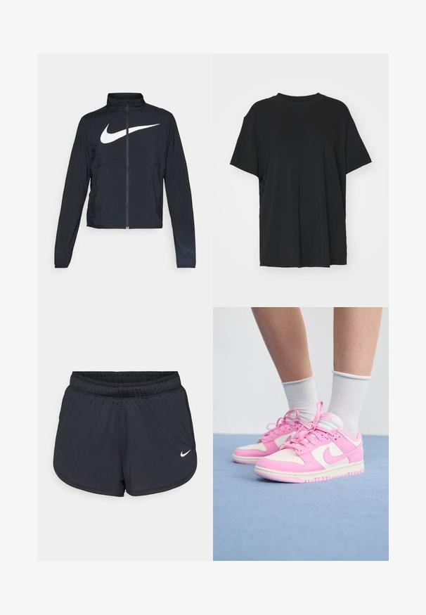 Must musta täispikk vary hoodie kõrge krae, pikad varrukad ja suur valge Nike swooshi logo rinnal.; Must have lühikeste varrukatega must t-särk, mis on valmistatud siledast kangast, ümmarguse kaelusega ja laia lõikega. Omab külgslitsid, mis pakuvad lisamugavust ja hingavust.; Mustad sportlikud lühikesed püksid elastse vöökohaga, millel on spordilik disain ja valge Nike logo alumisel esiküljel. Kootud kangas.; Roosa ja valge sportjalats, kus on segu sametist ja võrgumaterjalidest, ümarate paelte, külglogo ja pehme tallaga. Tekstuuritud roosad aktsendid.