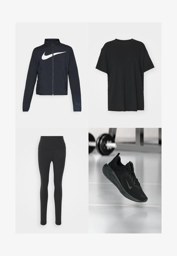 Giacca sportiva nera con zip completa, colletto alto, maniche lunghe e grande logo swoosh bianco Nike sul petto.; T-shirt nera a maniche corte realizzata in un tessuto morbido, con collo rotondo e vestibilità ampia. Presenta delle fessure laterali per un comfort e una traspirabilità aggiuntivi.; Leggings neri a vita alta realizzati in tessuto elasticizzato, con una superficie liscia e un design a lunghezza completa con una silhouette aderente.; Sneaker sportivo nero con logo Nike, mostrato in volo su un pavimento da palestra, con un supporto per pesi sfocato sullo sfondo.