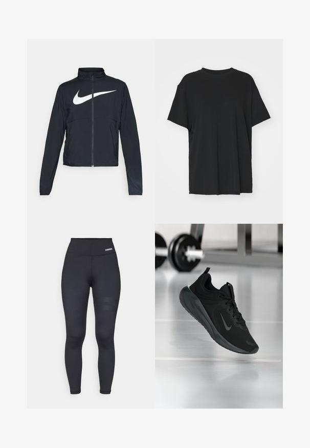 Jachetă sport neagră cu fermoar pe toată lungimea, guler înalt, mâneci lungi și un logo mare alb Nike swoosh pe piept.; Tricou negru cu mânecă scurtă, fabricat dintr-un material neted, cu guler rotund și croială lejeră. Dispune de fante laterale pentru un plus de confort și respirație.; Colanți negri cu talie înaltă, cu o textură netedă, având un tiv cu marcă și două dungi orizontale pe coapsă pentru detaliu.; Tenisii sport negru cu logo-ul Nike, arătați în aer deasupra podelei de sală de sport, cu un suport pentru haltere neclar în fundal.
