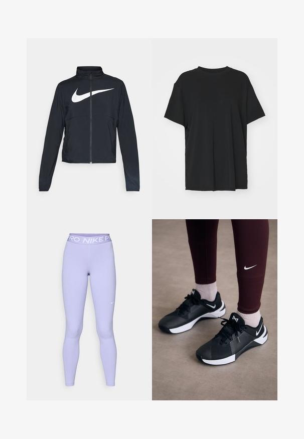 Svart joggebund med hel glidelås, høy krage, lange ermer og stort hvitt Nike swoosh-logo over brystet.; Svart t-skjorte med korte ermer laget av glatt stoff, med rund hals og løs passform. Har sideslisser for ekstra komfort og pusteevne.; Lyse lilla leggings i en tettsittende stil. Livstykket har hvit "PRO NIKE" logo tekst. Glatt stoff med minimale sømmer og slank design.; Svarte joggesko med en strukturert overdel og hvite detaljer, med snøring og logo på siden. Brukt med maroon leggings og lyse sokker.