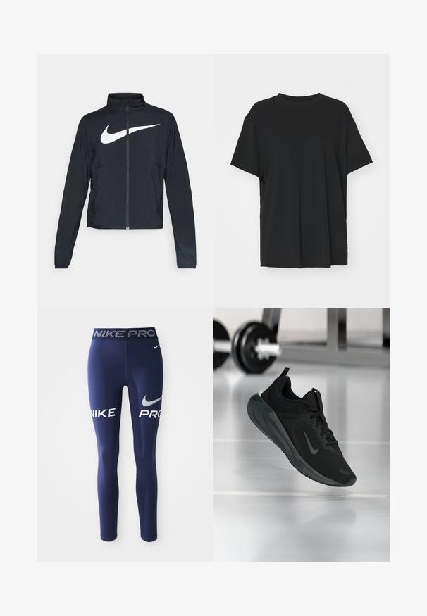 Black full-zip sports jacket with high collar, long sleeves, and large white Nike swoosh logo across the chest.; Black short-sleeve t-shirt made of smooth fabric, with a crew neck and loose fit. Features side slits for added comfort and breathability.; Navy blue athletic leggings made of stretchy fabric, featuring "NIKE" and "PRO" in bold white lettering on the sides and a patterned waistband.; Black sports sneaker with Nike logo, shown mid-air on gym floor, with blurred dumbbell rack in background.