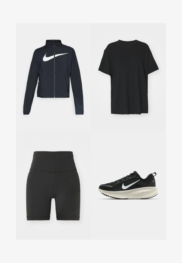 Giacca sportiva nera con zip completa, colletto alto, maniche lunghe e grande logo swoosh bianco Nike sul petto.; T-shirt nera a maniche corte realizzata in un tessuto morbido, con collo rotondo e vestibilità ampia. Presenta delle fessure laterali per un comfort e una traspirabilità aggiuntivi.; Pantaloni da ciclismo neri a vita alta realizzati in tessuto elasticizzato, con una superficie liscia, design aderente e orli rifiniti. Nessun motivo o accento visibile.; Scarpa da corsa nera Nike con tomaia in rete traspirante, logo Swoosh bianco, dettagli testurizzati e intersuola ZoomX di colore crema.