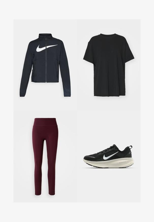 Jachetă sport neagră cu fermoar pe toată lungimea, guler înalt, mâneci lungi și un logo mare alb Nike swoosh pe piept.; Tricou negru cu mânecă scurtă, fabricat dintr-un material neted, cu guler rotund și croială lejeră. Dispune de fante laterale pentru un plus de confort și respirație.; Leggings visinii cu talie înaltă, fabricate dintr-un material elastic, cu o textură netedă și un design ajustat. Fără modele sau accente vizibile.; Pantofii de alergare negri de la Nike, cu parte superioară din plasă respirabilă, logo-ul alb Swoosh, detalii texturate și o talpă intermediară ZoomX de culoare crem.