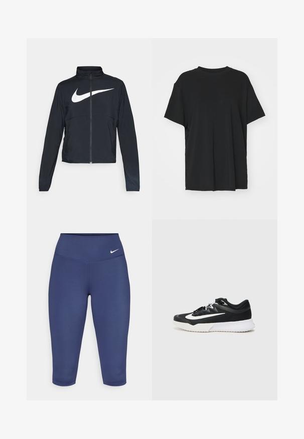 Schwarze Sportjacke mit vollem Reißverschluss, hohem Kragen, langen Ärmeln und großem weißen Nike-Swoosh-Logo auf der Brust.; Schwarzes T-Shirt mit kurzen Ärmeln aus glattem Stoff, mit Rundhalsausschnitt und lockerer Passform. Verfügt über seitliche Schlitze für zusätzlichen Komfort und Atmungsaktivität.; Dunkelblaue Capri-Leggings aus dehnbarem Material, mit einem breiten Bund und einem kleinen weißen Logo auf der linken Seite. Keine sichtbaren Nähte.; Schwarzer Sportschuh mit weißen Akzenten, ausgestattet mit einem strukturierten Obermaterial, runder Zehenpartie, flachen Schnürsenkeln und einer dicken weißen Gummisohle.
