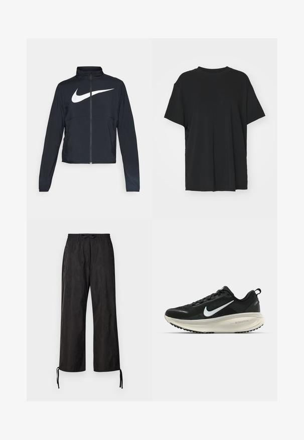 Črna športna jakna z polnim zadrgo, visokim ovratnikom, dolgimi rokavi in velikim belim logotipom Nike swoosh čez prsi.; Črna kratka majica s kratkimi rokavi, izdelana iz gladkega materiala, s kroјnim ovratnikom in prostim krojem. Ima stranske razpoke za dodatno udobje in zračnost.; Črne hlače ohlapnega kroja z elastičnim pasom in nastavljivimi vrvicami pri gležnjih. Gladek material z diskretnim sijajem.; Črne Nike tekaške čevlje z zračno mrežno zgornjim delom, belim logotipom Swoosh, teksturiranimi detajli in smetanasto barvnim srednjim delom ZoomX.