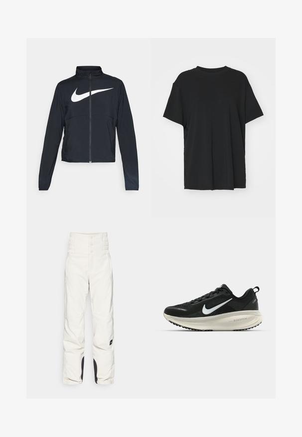Black full-zip sports jacket with high collar, long sleeves, and large white Nike swoosh logo across the chest.; Black short-sleeve t-shirt made of smooth fabric, with a crew neck and loose fit. Features side slits for added comfort and breathability.; White snow pants with a high, gathered waistband, two front pockets, and black accents at the hems. Made from a smooth, weather-resistant material.; Black Nike running shoe with breathable mesh upper, white swoosh logo, textured detailing, and a cream-colored ZoomX midsole.