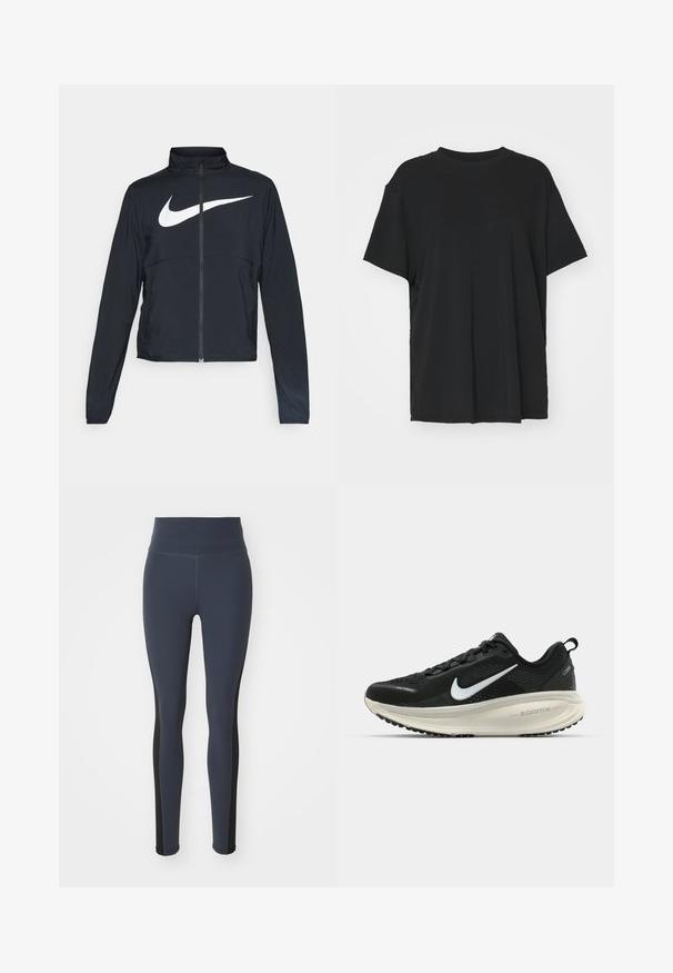 Černá sportovní bunda na zip s vysokým límcem, dlouhými rukávy a velkým bílým logem Nike swoosh přes prsa.; Černé tričko s krátkým rukávem vyrobené z hladkého materiálu, s kulatým výstřihem a volným střihem. Obsahuje boční rozparky pro větší pohodlí a prodyšnost.; Námořnické modré legíny z elastického materiálu, s černými postranními panely a vysokým pasem. Hladký povrch s přiléhavým střihem.; Černá běžecká obuv Nike s prodyšným síťovaným svrškem, bílým logem swoosh, texturovanými detaily a krémovou mezipodešví ZoomX.