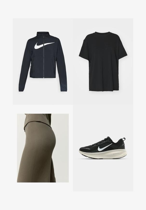 Čierna športová bunda na zips s vysokým golierom, dlhými rukávmi a veľkým bielym logom Nike na hrudi.; Čierne tričko s krátkym rukávom vyrobené z hladkej tkaniny, s okrúhlym výstrihom a voľným strihom. Obsahuje bočné rozparky pre väčšie pohodlie a priedušnosť.; Žebrované olivovo zelené šaty s priliehavým strihom, vyrobené z elastického materiálu. Obsahujú drapovaný výstrih a bezšvový dizajn.; Čierne bežecké topánky Nike s priedušnou sieťovinou, bielym logom s symbolom swoosh, textúrovanými detailmi a krémovou ZoomX medzipodrážkou.