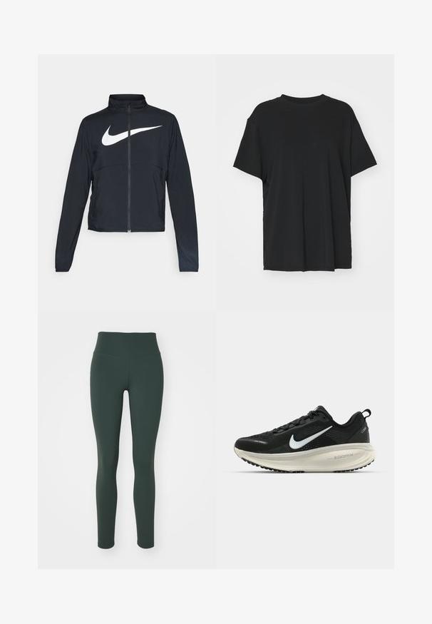 Černá sportovní bunda na zip s vysokým límcem, dlouhými rukávy a velkým bílým logem Nike swoosh přes prsa.; Černé tričko s krátkým rukávem vyrobené z hladkého materiálu, s kulatým výstřihem a volným střihem. Obsahuje boční rozparky pro větší pohodlí a prodyšnost.; Nike Performance ONE - Punčochy - vintage green; Černá běžecká obuv Nike s prodyšným síťovaným svrškem, bílým logem swoosh, texturovanými detaily a krémovou mezipodešví ZoomX.