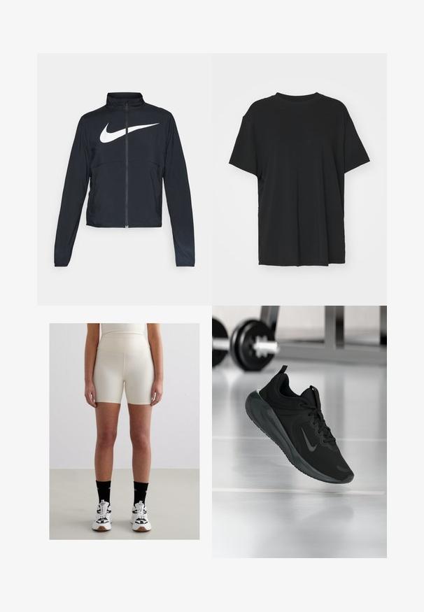 Must musta täispikk vary hoodie kõrge krae, pikad varrukad ja suur valge Nike swooshi logo rinnal.; Must have lühikeste varrukatega must t-särk, mis on valmistatud siledast kangast, ümmarguse kaelusega ja laia lõikega. Omab külgslitsid, mis pakuvad lisamugavust ja hingavust.; Beezid kõrge talje kätte lühi-püksid sileda, veniva kangaga. Omab istuvat disaini ja kesk-reie pikkust, koos valgete tossudega ja mustade sokkidega.; Mustad mustang spordijalatsid Nike logo'ga, õhus spordisaali põrandal, häguste hantlite riiulitega taustal.