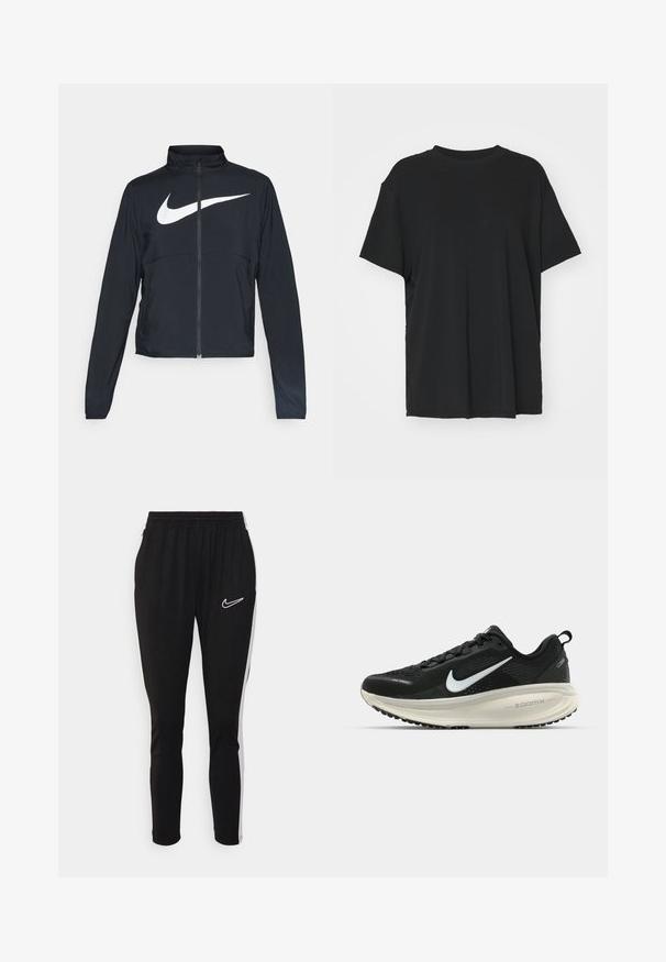 Melnā sporta jaka ar pilnu rāvējslēdzēju, augstu apkakli, garām piedurknēm un lielu baltu Nike swoosh logotipu krūšu daļā.; Melna īsām piedurknēm T-krekli, izgatavots no gludas auduma, ar apaļu kakla izgriezumu un brīvu piegriezumu. Satur sānu šķēlumu, lai nodrošinātu papildu komfortu un gaisa caurlaidību.; Melni sporta bikses ar elastīgu jostasvietu, kurām ir balta Nike logo un baltas sānu svītras. Izgatavotas no gluda, elastīga auduma.; Melnas Nike skriešanas kurpes ar elpojošu acs augšdaļu, baltu Swoosh logotipu, strukturētu apdari un krēmkrāsas ZoomX starpsole.