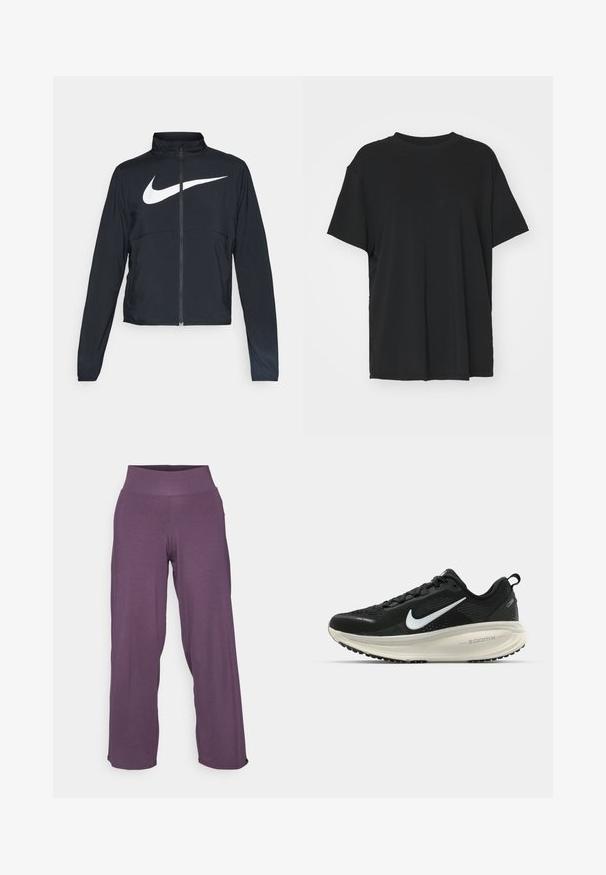 Black full-zip sports jacket with high collar, long sleeves, and large white Nike swoosh logo across the chest.; Black short-sleeve t-shirt made of smooth fabric, with a crew neck and loose fit. Features side slits for added comfort and breathability.; Yogasearcher RAVANA FLOWY PANTS - Tracksuit bottoms - topaze; Black Nike running shoe with breathable mesh upper, white swoosh logo, textured detailing, and a cream-colored ZoomX midsole.