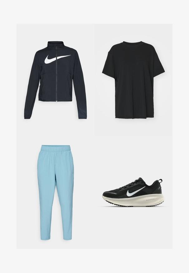 Must musta täispikk vary hoodie kõrge krae, pikad varrukad ja suur valge Nike swooshi logo rinnal.; Must have lühikeste varrukatega must t-särk, mis on valmistatud siledast kangast, ümmarguse kaelusega ja laia lõikega. Omab külgslitsid, mis pakuvad lisamugavust ja hingavust.; Sinine, kerge kaaluga spordipüksid, millel on elastne vöökoht, kitsenevad sääred ja väike logo vasakul alaserval.; Musthave mustus Nike jooksujalats, millel on hingav võrgust ülemine osa, valge swoosh logo, tekstuuriga detailid ja kreemja värvusega ZoomX vahevöö.