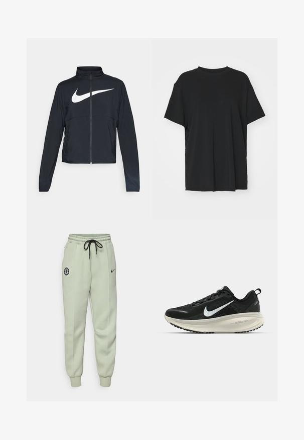 Black full-zip sports jacket with high collar, long sleeves, and large white Nike swoosh logo across the chest.; Black short-sleeve t-shirt made of smooth fabric, with a crew neck and loose fit. Features side slits for added comfort and breathability.; Light green Nike sweatpants with elastic waistband, drawstring, side pockets, and a Chelsea FC logo on the left thigh.; Black Nike running shoe with breathable mesh upper, white swoosh logo, textured detailing, and a cream-colored ZoomX midsole.