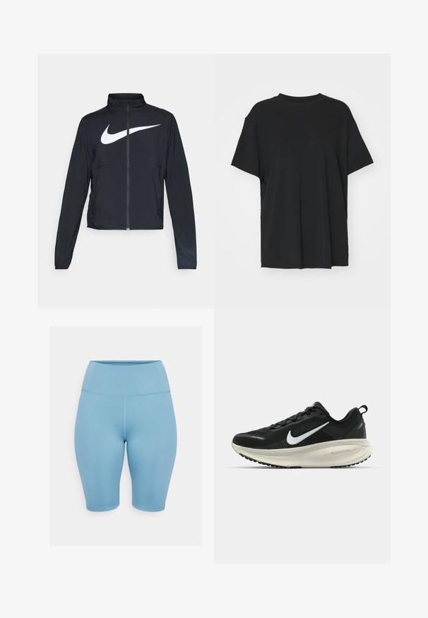 Svart joggebund med hel glidelås, høy krage, lange ermer og stort hvitt Nike swoosh-logo over brystet.; Svart t-skjorte med korte ermer laget av glatt stoff, med rund hals og løs passform. Har sideslisser for ekstra komfort og pusteevne.; Lys blå høytalende sykkelshorts laget av elastisk stoff, med flate sømmer og en jevn tekstur, ideelle for aktiva. ; Svart Nike løpesko med pustende mesh-overdel, hvit swoosh-logo, teksturert detaljer og en kremfarget ZoomX mellomsåle.