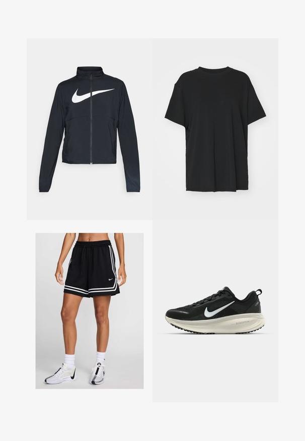 Svart joggebund med hel glidelås, høy krage, lange ermer og stort hvitt Nike swoosh-logo over brystet.; Svart t-skjorte med korte ermer laget av glatt stoff, med rund hals og løs passform. Har sideslisser for ekstra komfort og pusteevne.; Sorte svarte treningsshorts med hvite striper, elastisk livlinning og snorfunksjon. Kombinert med hvite og svarte joggesko og sokker.; Svart Nike løpesko med pustende mesh-overdel, hvit swoosh-logo, teksturert detaljer og en kremfarget ZoomX mellomsåle.