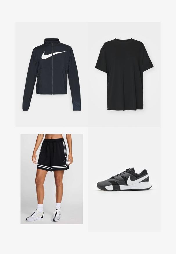Must musta täispikk vary hoodie kõrge krae, pikad varrukad ja suur valge Nike swooshi logo rinnal.; Must have lühikeste varrukatega must t-särk, mis on valmistatud siledast kangast, ümmarguse kaelusega ja laia lõikega. Omab külgslitsid, mis pakuvad lisamugavust ja hingavust.; Mustad mustad spordishortsid valgete triipudega, elastne vöökoht ja nöör. Koos valgete ja mustade tossude ning sokkidega.; Mustmustest mustress ja hall mustkets, millel on tekstuuriga pealne, valge bränding, paelad ja kummist põhi, millel on libisemisvastased mustrid.