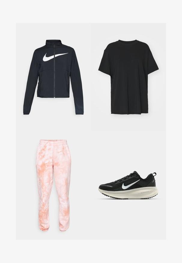 Black full-zip sports jacket with high collar, long sleeves, and large white Nike swoosh logo across the chest.; Black short-sleeve t-shirt made of smooth fabric, with a crew neck and loose fit. Features side slits for added comfort and breathability.; Light pink sweatpants featuring a tie-dye design with a soft texture, elastic waistband, and ribbed cuffs at the ankles.; Black Nike running shoe with breathable mesh upper, white swoosh logo, textured detailing, and a cream-colored ZoomX midsole.