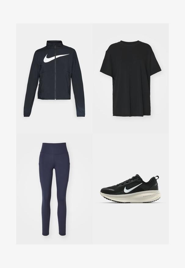 Casaco desportivo preto com fecho éclair completo, gola alta, mangas longas e grande logótipo branco da Nike na parte frontal.; T-shirt preto de manga curta feito de tecido suave, com decote redondo e corte solto. Apresenta aberturas laterais para maior conforto e respirabilidade.; Nike Performance ONE 7/8 - Leggings - obsidian; Sapatilha de corrida Nike preta com parte superior de malha respirável, logotipo Swoosh branco, detalhes texturizados e uma entressola ZoomX na cor creme.