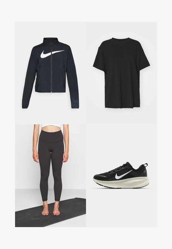 Fekete, teljes cipzáros sportdzseki magas gallérral, hosszú ujjal, amelyen egy nagy, fehér Nike logó található a mellkason.; Fekete, rövid ujjú póló sima anyagból, kerek nyakkivágással és laza szabással. Oldalhasítékokkal a kényelem és a légáteresztés érdekében.; Magas derekú fekete leggings sima, rugalmas anyagból, testhezálló siluettel, bokáig ér. Párban egy rövid felsővel, jóga matracon.; Fekete Nike futócipő légáteresztő hálós felsőrésszel, fehér Swoosh logóval, textúrázott részletekkel és krém színű ZoomX középtalppal.