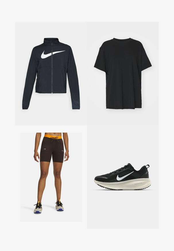 Black full-zip sports jacket with high collar, long sleeves, and large white Nike swoosh logo across the chest.; Black short-sleeve t-shirt made of smooth fabric, with a crew neck and loose fit. Features side slits for added comfort and breathability.; Brown athletic shorts with an orange elastic waistband and drawstring, featuring two side pockets and logo accents on the front.; Black Nike running shoe with breathable mesh upper, white swoosh logo, textured detailing, and a cream-colored ZoomX midsole.