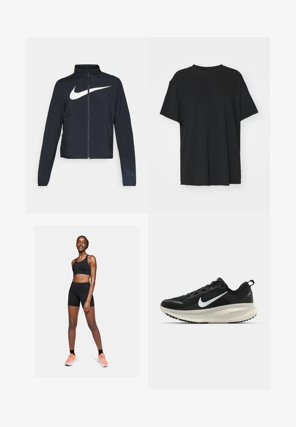 Chaqueta deportiva negra de cremallera completa con cuello alto, mangas largas y gran logo de Nike en blanco en el pecho.; Camiseta negra de manga corta hecha de tejido suave, con cuello redondo y corte holgado. Presenta aberturas laterales para mayor comodidad y transpirabilidad.; Sostén deportivo negro y pantalones cortos hechos de un material elástico, con un diseño ajustado. Zapatillas deportivas naranjas y blancas complementan el conjunto.; Zapatilla de running Nike negra con parte superior de malla transpirable, logo Swoosh blanco, detalles texturizados y una entresuela ZoomX de color crema.