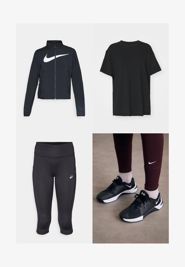 Sort fuld-zip sportsjakke med høj krave, lange ærmer og stort hvidt Nike swoosh-logo på brystet.; Sort kortærmet t-shirt lavet af glat stof, med rund hals og løs pasform. Har sideskår for ekstra komfort og åndbarhed.; Sorte atletiske capri leggings med en glat tekstur, strækbart materiale, høj talje og et lille hvidt logo på venstre side.; Sorte træningssko med en struktureret overdel og hvide accenter, forsynet med snørebånd og et logo på siden. Båret med maroon leggings og lyse sokker.