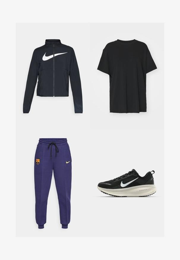 Svart sportjacka med hel dragkedja, hög krage, långa ärmar och stor vit Nike swoosh-logotyp över bröstet.; Svart kortärmad t-shirt i slätt tyg, med rund hals och lös passform. Har sidslitsar för ökad komfort och andningsförmåga.; Nike sweatpants i mörklila med dragsko i midjan, sidofickor och en gul logotyp. Har en broderad FC Barcelona-badge.; Svart Nike löparsko med andningsbart mesh-ovandel, vit swoosh-logotyp, texturerad detaljering och en krämfärgad ZoomX-mellansula.