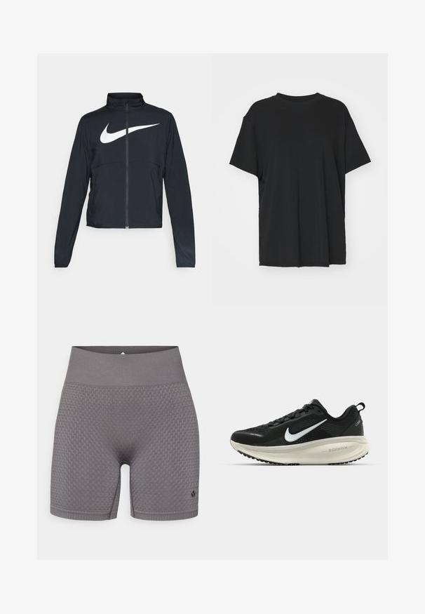 Giacca sportiva nera con zip completa, colletto alto, maniche lunghe e grande logo swoosh bianco Nike sul petto.; T-shirt nera a maniche corte realizzata in un tessuto morbido, con collo rotondo e vestibilità ampia. Presenta delle fessure laterali per un comfort e una traspirabilità aggiuntivi.; Shorts sportivi grigi con texture, dotati di una ampia vita elasticizzata e un logo discreto sul lato sinistro in basso. Il tessuto presenta un design a motivi.; Scarpa da corsa nera Nike con tomaia in rete traspirante, logo Swoosh bianco, dettagli testurizzati e intersuola ZoomX di colore crema.