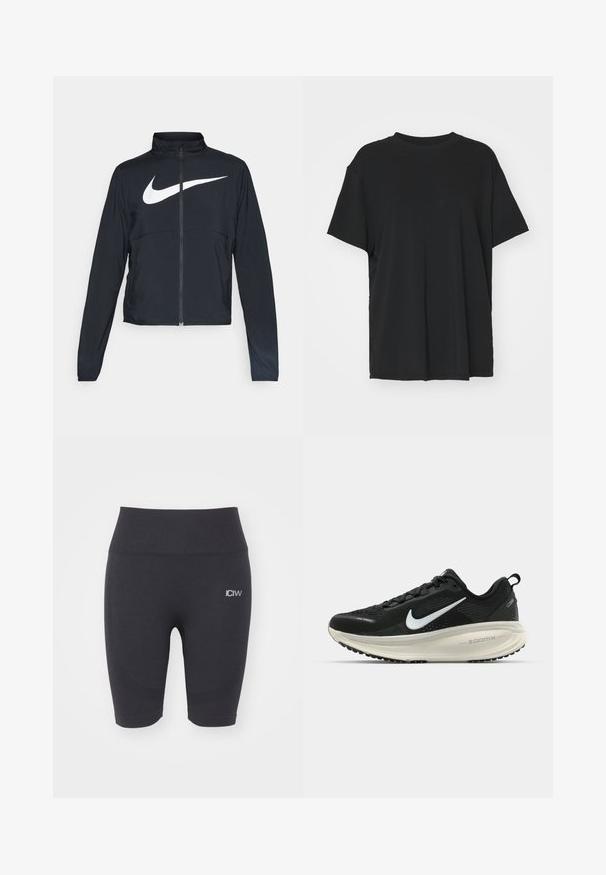 Fekete, teljes cipzáros sportdzseki magas gallérral, hosszú ujjal, amelyen egy nagy, fehér Nike logó található a mellkason.; Fekete, rövid ujjú póló sima anyagból, kerek nyakkivágással és laza szabással. Oldalhasítékokkal a kényelem és a légáteresztés érdekében.; ICANIWILL SOFT SEAMLESS BIKER SHORTS - Leggingek - black; Fekete Nike futócipő légáteresztő hálós felsőrésszel, fehér Swoosh logóval, textúrázott részletekkel és krém színű ZoomX középtalppal.
