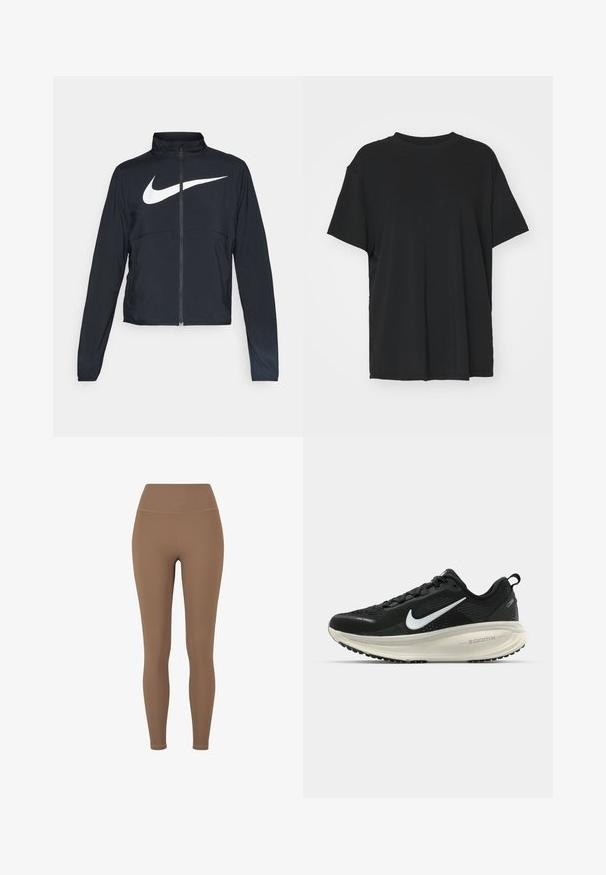 Must musta täispikk vary hoodie kõrge krae, pikad varrukad ja suur valge Nike swooshi logo rinnal.; Must have lühikeste varrukatega must t-särk, mis on valmistatud siledast kangast, ümmarguse kaelusega ja laia lõikega. Omab külgslitsid, mis pakuvad lisamugavust ja hingavust.; Pruunid ribakujulised retuusid kõrge vöökohtaga. Kanga tekstuur näib olevat veniv ja sile, sisaldades minimaalselt õmblusi ning ilma nähtavate mustriteta.; Musthave mustus Nike jooksujalats, millel on hingav võrgust ülemine osa, valge swoosh logo, tekstuuriga detailid ja kreemja värvusega ZoomX vahevöö.