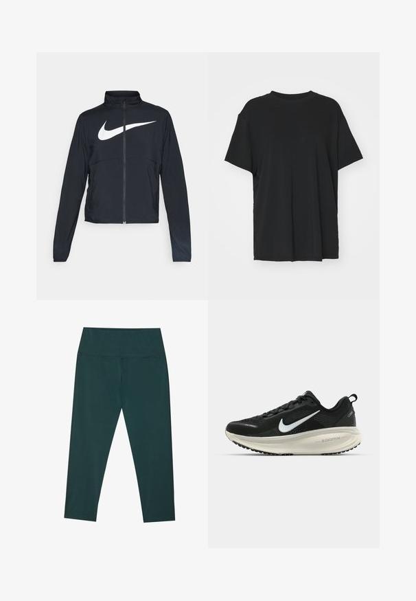 Svart sportjacka med hel dragkedja, hög krage, långa ärmar och stor vit Nike swoosh-logotyp över bröstet.; Svart kortärmad t-shirt i slätt tyg, med rund hals och lös passform. Har sidslitsar för ökad komfort och andningsförmåga.; Mörkgröna capri leggings med hög midja, tillverkade av slätt och elastiskt material. Har flata sömmar och en figurnära silhuett.; Svart Nike löparsko med andningsbart mesh-ovandel, vit swoosh-logotyp, texturerad detaljering och en krämfärgad ZoomX-mellansula.