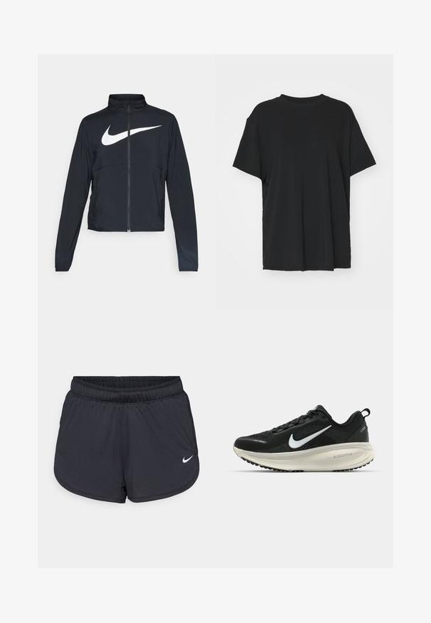 Black full-zip sports jacket with high collar, long sleeves, and large white Nike swoosh logo across the chest.; Black short-sleeve t-shirt made of smooth fabric, with a crew neck and loose fit. Features side slits for added comfort and breathability.; Black athletic shorts with an elastic waistband, featuring a sporty design and a white Nike logo on the lower front. Textured fabric.; Black Nike running shoe with breathable mesh upper, white swoosh logo, textured detailing, and a cream-colored ZoomX midsole.