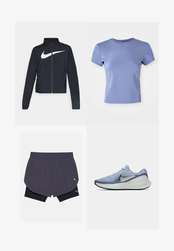 Melnā sporta jaka ar pilnu rāvējslēdzēju, augstu apkakli, garām piedurknēm un lielu baltu Nike swoosh logotipu krūšu daļā.; Gaiši violeta pieguļošs t-krekls, izgatavots no ribota auduma, ar apaļu kakla izgriezumu un īsām piedurknēm. Ietver mazu logotipa akcentu uz krūtīm.; Tumši purpursarkani skrējiena šorti ar slāņotu dizainu, melniem iekšējiem šortiem, elastīgu jostasvītnu un sānu kabatām.; Gaiši zila un balta Nike skrienošā apavi ar sudraba Swoosh logotipu, elpojošs sietiņaudums augšdaļā, mīksta zole un melna ārējā zole.
