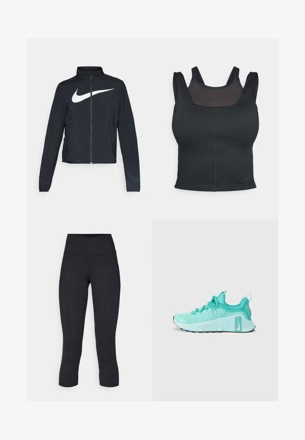 Črna športna jakna z polnim zadrgo, visokim ovratnikom, dolgimi rokavi in velikim belim logotipom Nike swoosh čez prsi.; Črn športni modrček z oblikovanim dizajnom, širokimi naramnicami in mrežasto oblogo spredaj. Gladka struktura in minimalni šivi. Nike logotip na robu.; Črne skrajšane legice iz raztegljive tkanine, z visokim pasom in gladko teksturo, brez vidnih vzorcev ali kovinskih delov.; Tirasti Nike v teal barvi z belimi podplati, oblečeni z belimi Nike nogavicami, ki držijo črno vadbeno žogo na sivi tla.
