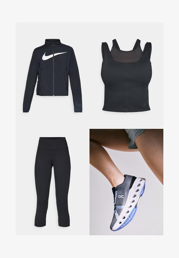 Black full-zip sports jacket with high collar, long sleeves, and large white Nike swoosh logo across the chest.; Black sports bra featuring a fitted design, wide straps, and a mesh overlay on the front. Smooth texture and minimal seams. Nike logo on hem.; Black cropped leggings made of stretchy fabric, featuring a high waistband and smooth texture, with no visible patterns or hardware.; On CLOUDECLIPSE - Road running shoes - black frost