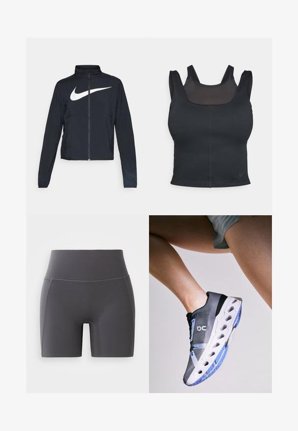 Giacca sportiva nera con zip completa, colletto alto, maniche lunghe e grande logo swoosh bianco Nike sul petto.; Bra sportivo nero con design aderente, spalline larghe e sovrapposizione in rete sul davanti. Texture liscia e cuciture minime. Logo Nike sulla parte inferiore.; Pantaloni sportivi grigi con una vita alta, realizzati in tessuto liscio ed elastico. Presentano cuciture piatte e una vestibilità aderente.; On CLOUDECLIPSE - Scarpe da corsa su strada - black frost