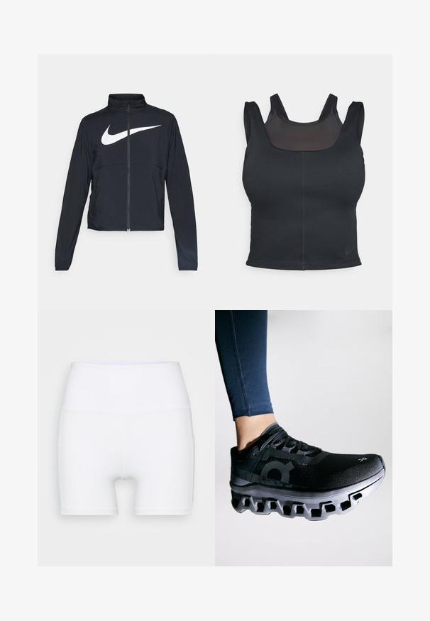 Giacca sportiva nera con zip completa, colletto alto, maniche lunghe e grande logo swoosh bianco Nike sul petto.; Bra sportivo nero con design aderente, spalline larghe e sovrapposizione in rete sul davanti. Texture liscia e cuciture minime. Logo Nike sulla parte inferiore.; Pantaloni corti bianchi a vita alta realizzati in tessuto elasticizzato. Presentano una texture liscia e un design aderente, senza ulteriori motivi o accessori.; Scarpa da corsa nera con tomaia testurizzata e una suola intermedia distintiva caratterizzata da un design segmentato unico. Accentata con un logo di lato.