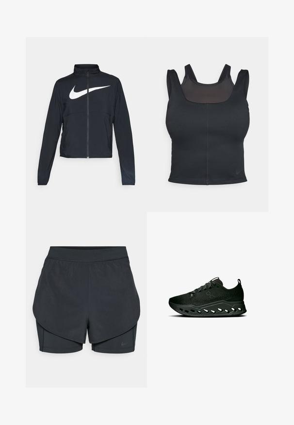 Melnā sporta jaka ar pilnu rāvējslēdzēju, augstu apkakli, garām piedurknēm un lielu baltu Nike swoosh logotipu krūšu daļā.; Melnas sporta krūšturis ar pieguļošu dizainu, platām siksnām un acs pārklājumu priekšpusē. Gluda tekstūra un minimālas vīles. Nike logo apakšmalā.; Melnas sporta šortus ar slāņotu dizainu, kas ietver gludu ārējo slāni un pieguļošus iekšējos šortus. Izgatavoti no viegla, elastīga auduma.; On CLOUDSURFER MAX - Apavi skriešanai pa asfaltu - black eclipse