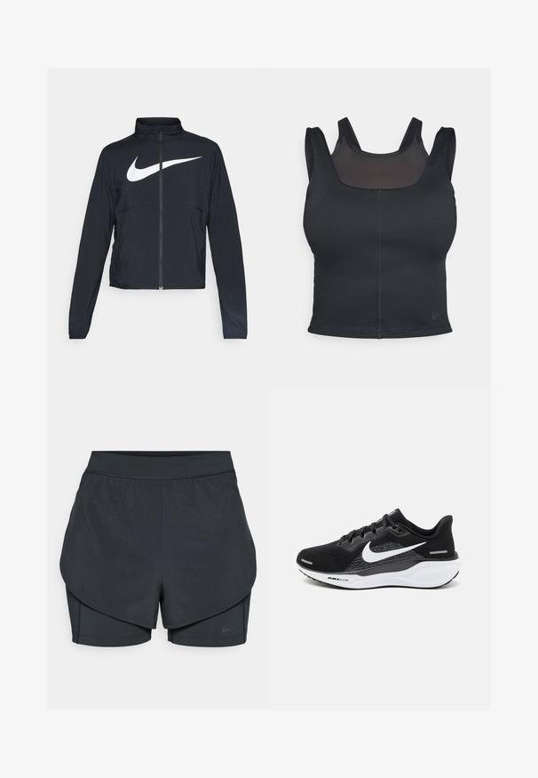 Black full-zip sports jacket with high collar, long sleeves, and large white Nike swoosh logo across the chest.; Black sports bra featuring a fitted design, wide straps, and a mesh overlay on the front. Smooth texture and minimal seams. Nike logo on hem.; Black athletic shorts with a layered design, featuring a smooth outer layer and fitted inner shorts. Made of lightweight, stretch fabric.; Black athletic shoe featuring a mesh upper, a white Nike swoosh, and a white cushioned sole with textured details.