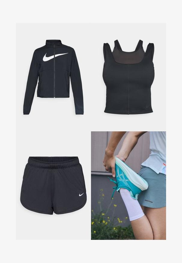 Fekete, teljes cipzáros sportdzseki magas gallérral, hosszú ujjal, amelyen egy nagy, fehér Nike logó található a mellkason.; Fekete sportrész a testhezálló kialakítása, széles pántjai és hálós borítása miatt. Sima tapintás és minimális varrások. Nike logó a szegélyén.; Fekete sportos rövidnadrág, könnyű, légáteresztő anyagból készült. Rugalmas derékpánttal rendelkezik, és a jobb alsó oldalon fehér Nike logó található.; Török színű sportcipő texturált felülettel, fehér fűzőkkel és talppal. Egy személy nyújtja a lábát, fehér zoknit és szürke sportnadrágot visel.
