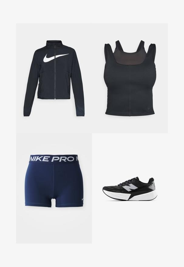Melnā sporta jaka ar pilnu rāvējslēdzēju, augstu apkakli, garām piedurknēm un lielu baltu Nike swoosh logotipu krūšu daļā.; Melnas sporta krūšturis ar pieguļošu dizainu, platām siksnām un acs pārklājumu priekšpusē. Gluda tekstūra un minimālas vīles. Nike logo apakšmalā.; Jūras spēku sporta šorti ar plašu elastīgu jostu, uz kuras redzams "NIKE PRO" baltā krāsā. Gluda tekstūra ar plakanām šuvēm un kontrastējošu logotipu.; Melnbalts New Balance skriešanas apavi ar biezu zoli, acs augšdaļu un "N" logotipu sānos, skatīts no ārējās puses.