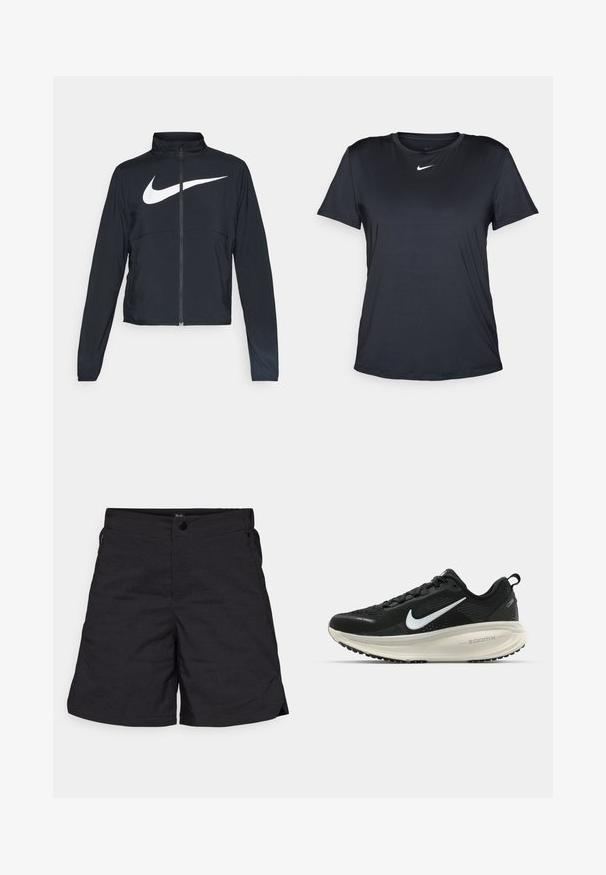Juodas sportinis džemperis su visiškai užtraukiama užtrauktuku, aukšta apykakle, ilgomis rankovėmis ir dideliu baltu Nike swoosh logotipu per krūtinę.; Juodas sportinis marškinėlis, pagamintas iš lygios, lengvos medžiagos. Turi apvalią apykaklę ir trumpas rankoves su balta Nike logotipu ant krūtinės.; Juodi šortai, pagaminti iš lengvos medžiagos, su mygtuko užsegimu ir dviem šoniniais kišenėmis. Paprastas dizainas, su švariomis linijomis ir minimaliais akcentais.; Juodas Nike sportinis batelis su kvėpuojančiu tinklu, baltu swoosh logotipu, tekstūruoto dizaino detalėmis ir grietinėlės spalvos ZoomX viduriu.