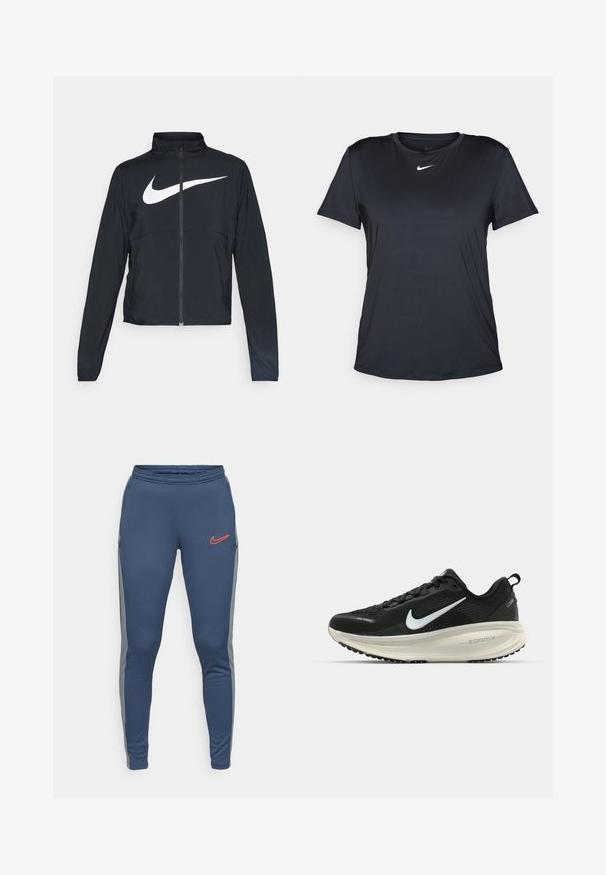 Juodas sportinis džemperis su visiškai užtraukiama užtrauktuku, aukšta apykakle, ilgomis rankovėmis ir dideliu baltu Nike swoosh logotipu per krūtinę.; Juodas sportinis marškinėlis, pagamintas iš lygios, lengvos medžiagos. Turi apvalią apykaklę ir trumpas rankoves su balta Nike logotipu ant krūtinės.; Jūriniai sportiniai kelnes su raišteliu juosmens srityje, pilkais šonų paneliais ir oranžiniu Nike logotipu kairėje kojoje. Lygi, tampri medžiaga.; Juodas Nike sportinis batelis su kvėpuojančiu tinklu, baltu swoosh logotipu, tekstūruoto dizaino detalėmis ir grietinėlės spalvos ZoomX viduriu.