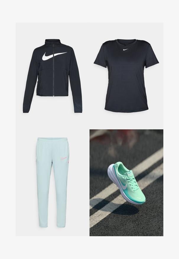 Černá sportovní bunda na zip s vysokým límcem, dlouhými rukávy a velkým bílým logem Nike swoosh přes prsa.; Černé sportovní tričko vyrobené z hladké, lehké tkaniny. Má kulatý výstřih a krátké rukávy s bílým logem Nike na hrudi.; Světlé modré Nike tepláky s hladkou texturou, elastickým pasem a růžovými logovými akcenty na levém stehně a kapsách.; Lehká běžecká obuv v mátově zelené barvě s vrškem z síťoviny, polstrovaným límcem a bílou gumovou podrážkou. Logo Nike na boku; šňůrky jsou viditelné.