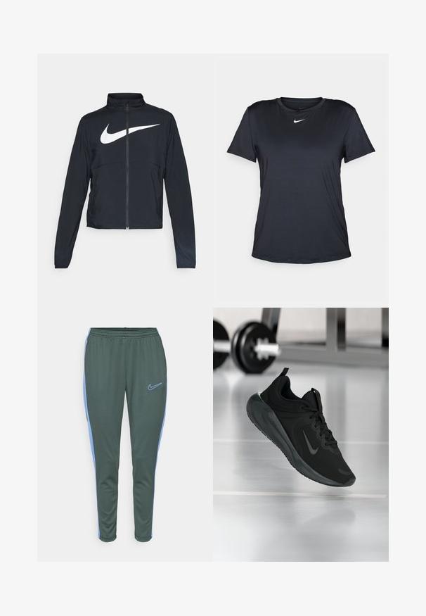 Black full-zip sports jacket with high collar, long sleeves, and large white Nike swoosh logo across the chest.; Black Nike T-shirt with short sleeves, round neckline, made from smooth fabric, featuring a small white logo on the chest.; Nike Performance ACADEMY PANTS - Tracksuit bottoms - vintage green/royal pulse; Black sports sneaker with Nike logo, shown mid-air on gym floor, with blurred dumbbell rack in background.