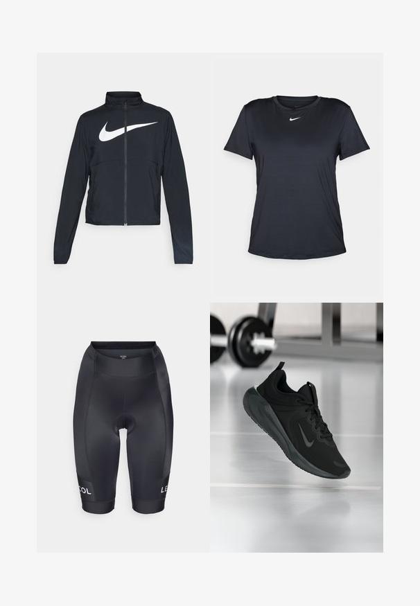 Fekete, teljes cipzáros sportdzseki magas gallérral, hosszú ujjal, amelyen egy nagy, fehér Nike logó található a mellkason.; Fekete Nike rövid ujjú póló, kerek nyakkivágással, sima anyagból, kis fehér logóval a mellkason.; Fekete kerékpáros nadrág sima, rugalmas anyagból. Párnázott ülőfelülettel és logóval a bal lábon. Ferde combközép hosszúság.; Fekete sportcipő Nike logóval, amely a levegőben látható az edzőterem padlóján, a háttérben elmosódott kézi súlyzó állvánnyal.