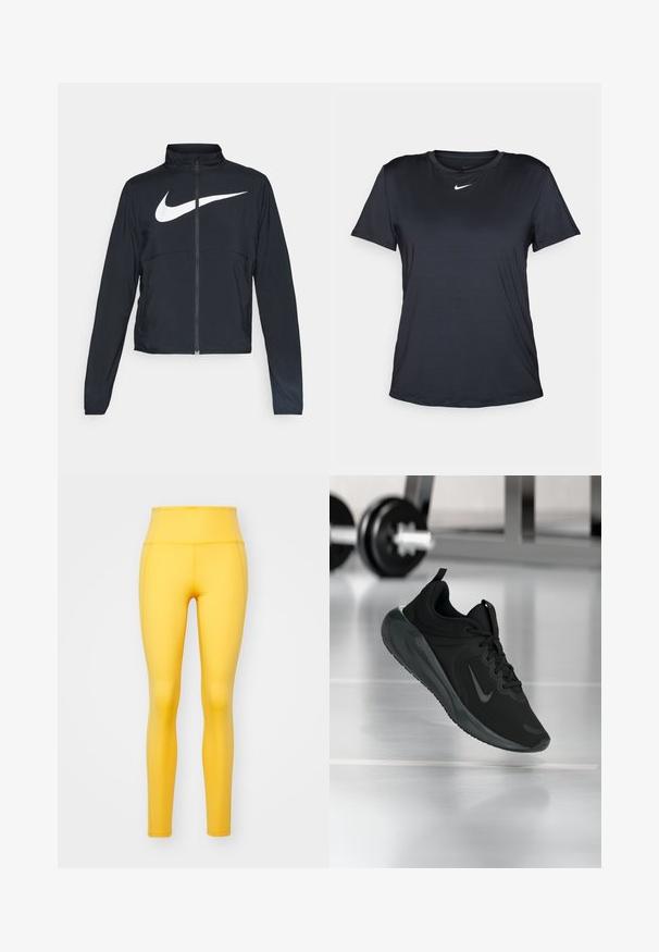 Čierna športová bunda na zips s vysokým golierom, dlhými rukávmi a veľkým bielym logom Nike na hrudi.; Čierne tričko Nike s krátkym rukávom a okrúhlym výstrihom, vyrobené z hladkej textílie, s malým bielym logom na hrudi.; Girlfriend Collective COMPRESSIVE HIGH RISE LEGGING LONG - Legíny - golden glow; Čierne športové tenisky s logom Nike, zobrazené vo vzduchu na podlahe telocvične, s rozmazaným regálom činkami v pozadí.