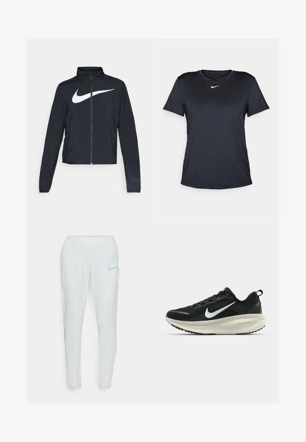 Juodas sportinis džemperis su visiškai užtraukiama užtrauktuku, aukšta apykakle, ilgomis rankovėmis ir dideliu baltu Nike swoosh logotipu per krūtinę.; Juoda Nike trumpomis rankovėmis marškinėliai su apvalia iškirpte, pagaminti iš lygaus audinio, ant krūtinės esantis mažas baltas logotipas.; Šviesiai pilki sportiniai kelnių modeliai su siaurėjančiu siluetu, elastinga juosta ir akvamarino mėlynumo „Nike“ logotipu kairiajame šlaunyje. Lygus, tamprus audinys.; Juodas Nike sportinis batelis su kvėpuojančiu tinklu, baltu swoosh logotipu, tekstūruoto dizaino detalėmis ir grietinėlės spalvos ZoomX viduriu.